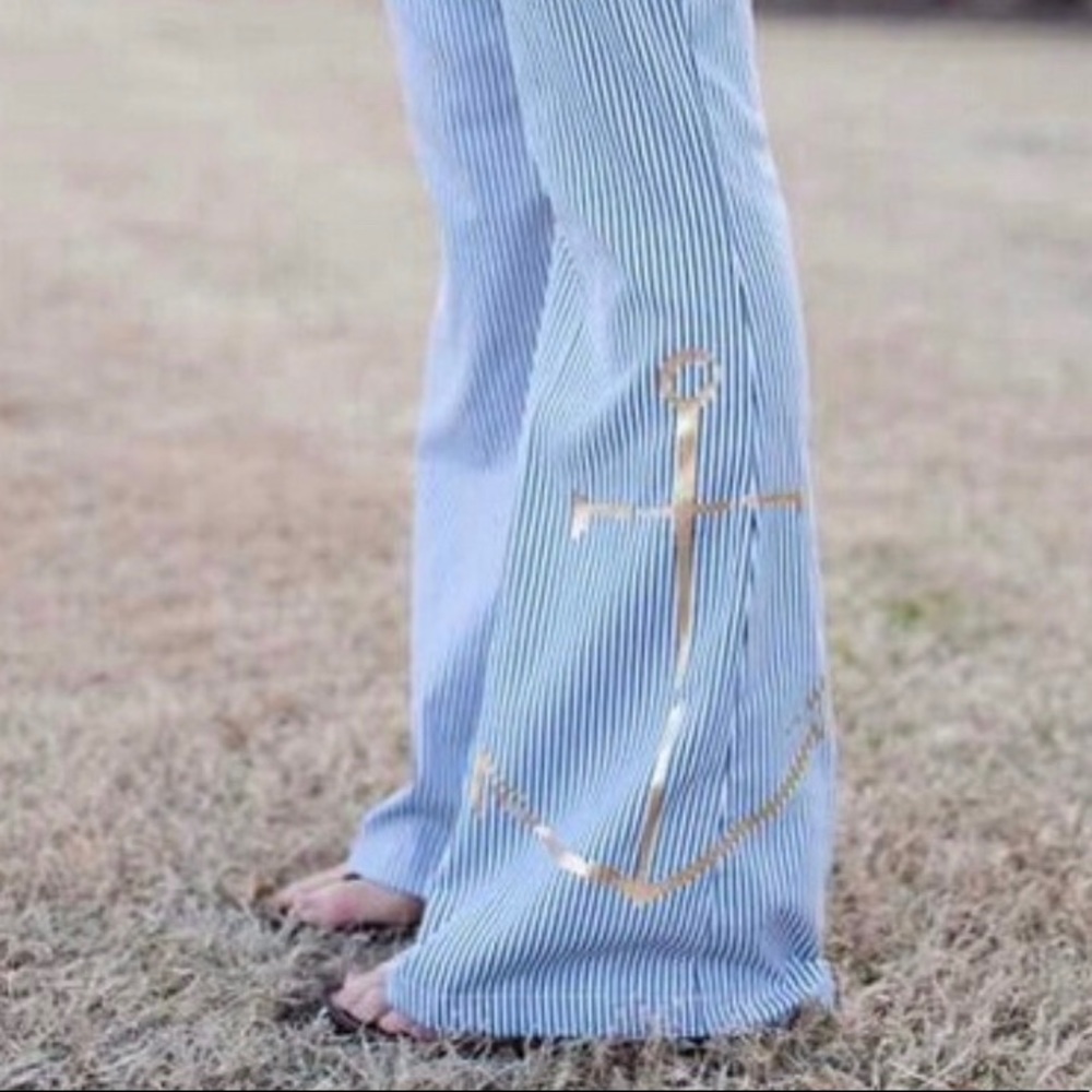 Judith March Blue Seersucker Anchor Pants M